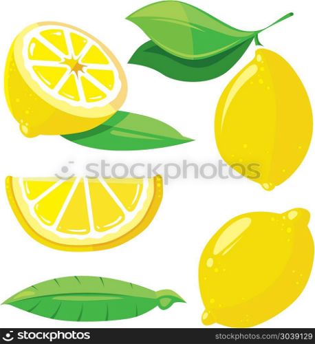Fresh lemons with leaves, lemon slice isolated on white. Fresh lemons with leaves, lemon slice isolated on white, vector set in cartoon style