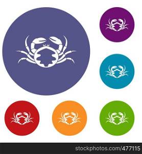 Fresh live crab icons set in flat circle red, blue and green color for web. Fresh live crab icons set
