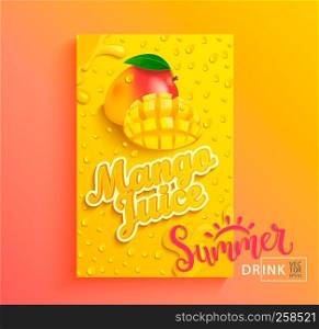 Fresh mango juice banner with drops from condensation, splashing and fruit slice on gradient hot summer background for brand,logo, template,label,emblem,store,packaging,advertising.Vector illustration. Fresh mango juice.