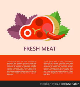 Fresh meat. Big beef steak, Basil leaves,chili. Vector illustration with space for text.