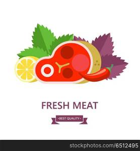 Fresh meat. Big beef steak, lemon, Basil leaves,chili. Vector illustration.