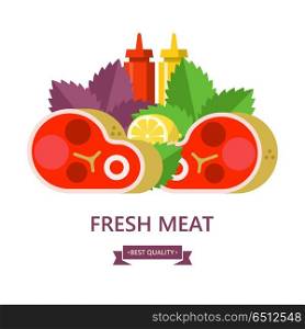 Fresh meat. Big beef steak, lemon, Basil leaves, ketchup and mustard. Vector illustration.
