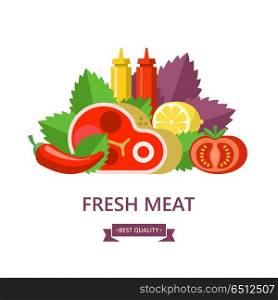 Fresh meat. Big beef steak, lemon, Basil leaves, tomato, ketchup and mustard. Vector illustration.