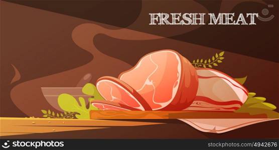 Fresh Meat Cartoon Illustration. Fresh meat flat vector illustration in cartoon style with delicious slice of bacon and baked pork ham