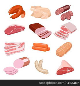 Fresh meat food cartoon set. Raw pork, beef steak, chicken, lamb, fresh bacon, ham, sausages design. Flat vector illustration. Butcher shop products concept