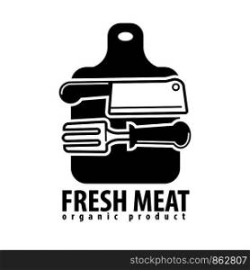 Fresh meat logo template for butcher shop of cutlery knife and hatchet on cutting board silhouette. Vector isolated icon for farm butchery or grocery product store. Fresh meat icon for butcher shop of vector cutlery knife and cutting board