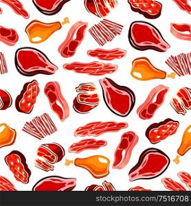 Fresh meat products seamless pattern for butcher shop, restaurant grill menu or background design with grilled beef steaks and fried chicken legs, bacon and prosciutto, loin chops and sirloin. Fresh meat products seamless pattern