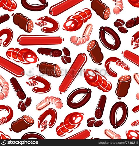 Fresh meat sausage, salami, frankfurter, pepperoni, chorizo, bologna and blood sausage seamless pattern. Meat products background for butcher shop design. Seamless meat sausages pattern for food design