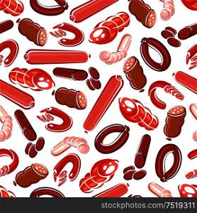Fresh meat sausage, salami, frankfurter, pepperoni, chorizo, bologna and blood sausage seamless pattern. Meat products background for butcher shop design. Seamless meat sausages pattern for food design