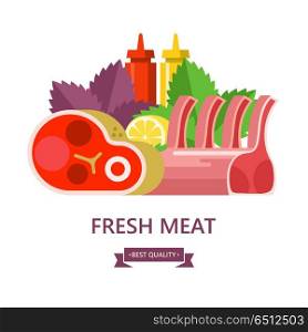 Fresh meat. Set of different types of meat. Big beef steak, lamb, lemon, Basil leaves, ketchup and mustard. Vector illustration.