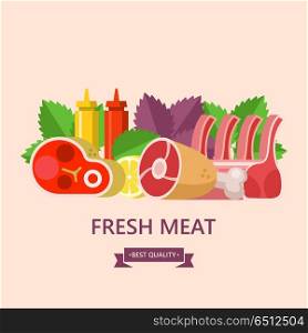 Fresh meat. Set of different types of meat. Big beef steak, pork ham, lamb, lemon, Basil leaves, ketchup and mustard. Vector illustration.