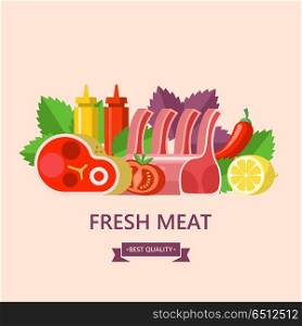 Fresh meat. Set of different types of meat. Big beef steak, lamb, lemon, Basil leaves, ketchup and mustard. Vector illustration.