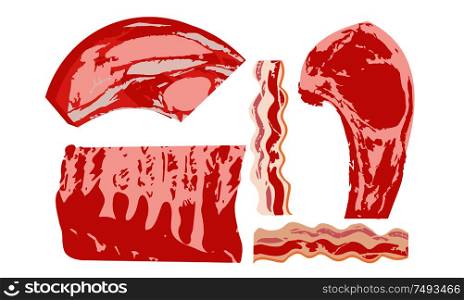 Fresh meat. Set of fresh meat products. Vector illustration. Entrecote, ribs, bacon. Illustration in flat style with hand drawn texture.. Set of fresh meat products. Vector illustration. Entrecote, ribs, bacon.