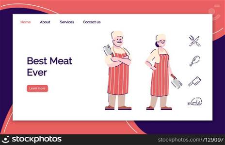 Fresh meat shop landing page vector template. Butchery website interface idea with flat illustrations. Butcher store homepage layout. Meat restaurant web banner, webpage cartoon concept
