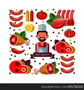 Fresh meat. Vector illustration. Environmentally friendly product. Agricultural products. Set of different meat products and butcher.