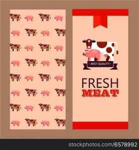 Fresh meat. Vector illustration. Environmentally friendly product. Agricultural products. Cute cow and pig.