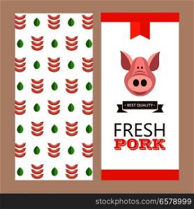 Fresh meat. Vector illustration. Environmentally friendly product. Agricultural products. Cute pig and pig sausages.