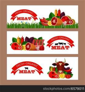 Fresh meat. Vector illustration. Environmentally friendly product. Agricultural products. Set of different meat products.
