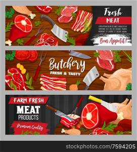 Fresh meat with spice and herbs on wooden background vector design. Beef and pork steaks of butcher shop, bacon strips, lamb chops, barbecue chicken legs and turkey, chef knives, bbq fork and pepper. Meat steaks of beef and pork, ckicken and bacon