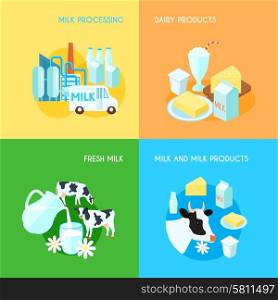Fresh milk dairy products processing and transportation 4 flat icons square composition banner abstract isolated vector illustration. Milk 4 flat square icons composition