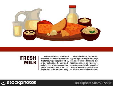 Fresh milk Internet promotional banner with sample text. Tasty cheese, fresh curd, fat sour cream and piece of brynza on wooden tray with glass dishware for liquid dairy products vector illustration.. Fresh milk Internet promotional banner with sample text