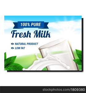 Fresh Milk Natural Drink Advertising Poster Vector. Fresh Milk Splashing In Glass And Green Leaves On Promotional Banner. Drinking Vitamin Bio Farm Product Style Concept Template Illustration. Fresh Milk Natural Drink Advertising Poster Vector