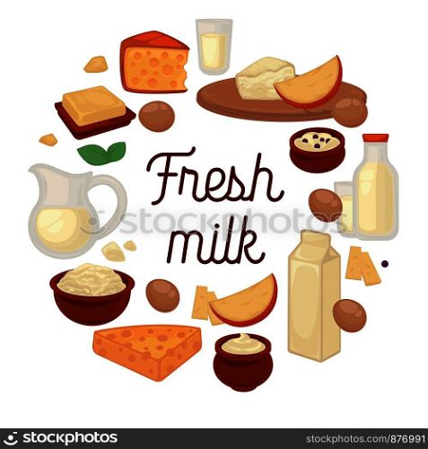 Fresh milk production made at home poster set vector. Food and beverages rich in vitamins and nutrients, cheese and mint, bottles and packages with drink full of calcium, bowls with dairy production. Fresh milk production made at home poster set vector