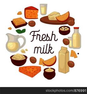Fresh milk production made at home poster set vector. Food and beverages rich in vitamins and nutrients, cheese and mint, bottles and packages with drink full of calcium, bowls with dairy production. Fresh milk production made at home poster set vector