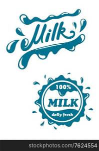 Fresh milk symbols and emblems with splashes for beverage design