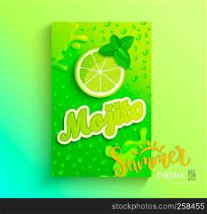 Fresh mojito banner, lime juice with drops from condensation, splashing and fruit slice on hot summer background for brand,logo, template,label,emblem,store,packaging,advertising.Vector illustration. Fresh lime juice.