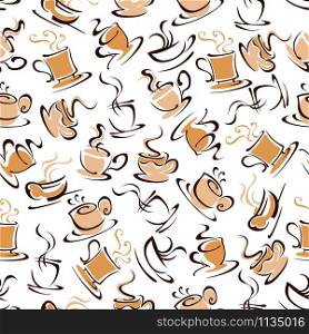 Fresh morning coffee seamless pattern in delicate caramel colors with abstract decorative cups of hot aromatic espresso coffee over white background. Coffee shop and cafe interior or fabric design