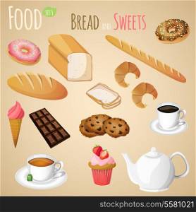 Fresh natural bread and sweets set with tea and coffee cup isolated vector illustration