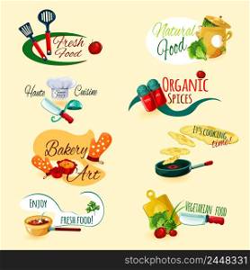 Fresh natural food organic spices cooking and baking emblems set isolated vector illustration. Cooking Emblems Set