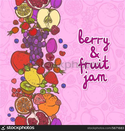 Fresh natural fruit and berries food jam decorative vertical border vector illustration
