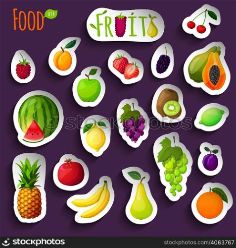 Fresh natural fruit stickers with apple lime lemon orange isolated vector illustration