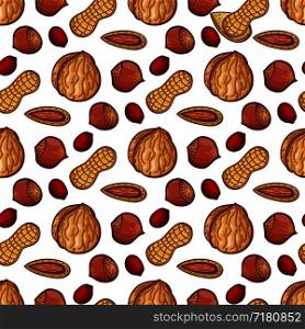 Fresh nuts seamless pattern. Vector nuts on white sketch background illustration. Fresh nuts seamless pattern. Vector nuts sketch background