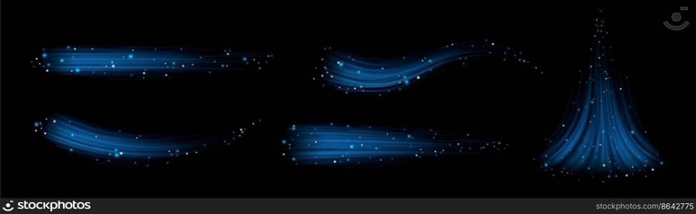 Fresh or frosty air flow set isolated on black background. Realistic vector illustration of abstract neon blue waves with sparkles. Cold wind blowing in winter. Magic power, light speed effect design. Fresh or frosty air flow set isolated on black