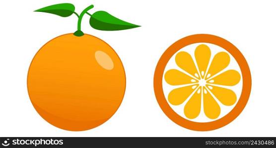 fresh orange and half of orange with leaves in flat style, vector concept of summer