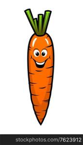 Fresh orange carrot vegetable with a smiling face and tuft of green on top, cartoon illustration
