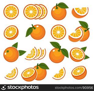 Fresh orange fruits emblems. Fresh orange fruits. Vector illustration of juicy citrus oranges with half and slice for summer breakfast isolated on white background