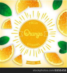 Fresh orange vitamins. Sunny fruity composition with retro label and orange slices around. Fresh vitamins