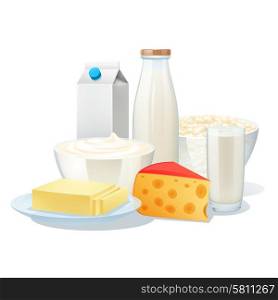 Fresh organic milk products set with cheese and butter vector illustration. Milk Products Set