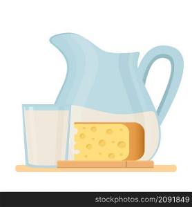Fresh organic milk products set with cheese and milk in a jug.Farm fresh product. Isolated vector illustration,symbol,object,sticker,design element for menu, poster,label,packaging.. Fresh organic milk products set with cheese and milk in a jug vector illustration.
