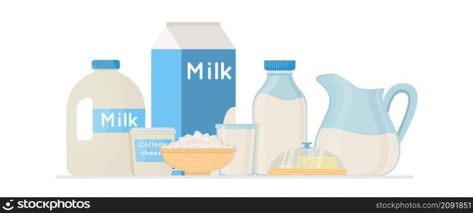Fresh organic milk products set with cottage cheese and butter vector illustration. Farm fresh product.. Fresh organic milk products set with cottage cheese and butter vector illustration.