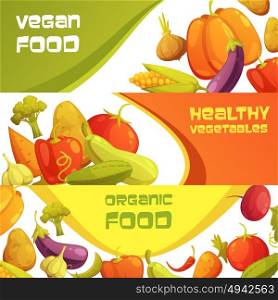 Fresh Organic Vegetables Horizontal Banners Set . Healthy organic vegan food advertisement horizontal banners set with ripe farmers market vegetables isolated cartoon vector illustration