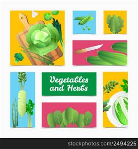 Fresh organically grown green vegetables icons banners and culinary headers composition colorful background poster isolated vector illustration . Organic Vegetables Herbs Colorful Headers Poster