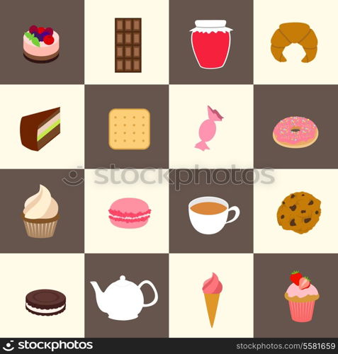 Fresh pastry and sweets set with tea cup and pot isolated vector illustration