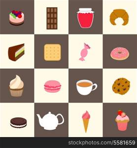 Fresh pastry and sweets set with tea cup and pot isolated vector illustration