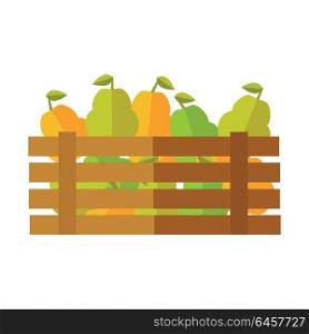 Fresh pear at the market vector. Flat design. Delivery farm products, grocery store assortment, foods for diet concept. Illustration of wooden box full of ripe vegetables. Isolated on white.. Fresh Pear at the Market Vector Illustration.