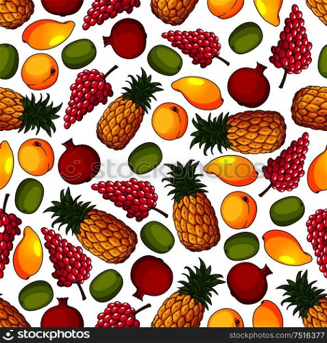 Fresh pineapple and mango, grape and kiwi, peach and pomegranate fruits seamless pattern. Fresh tropical fruits seamless pattern